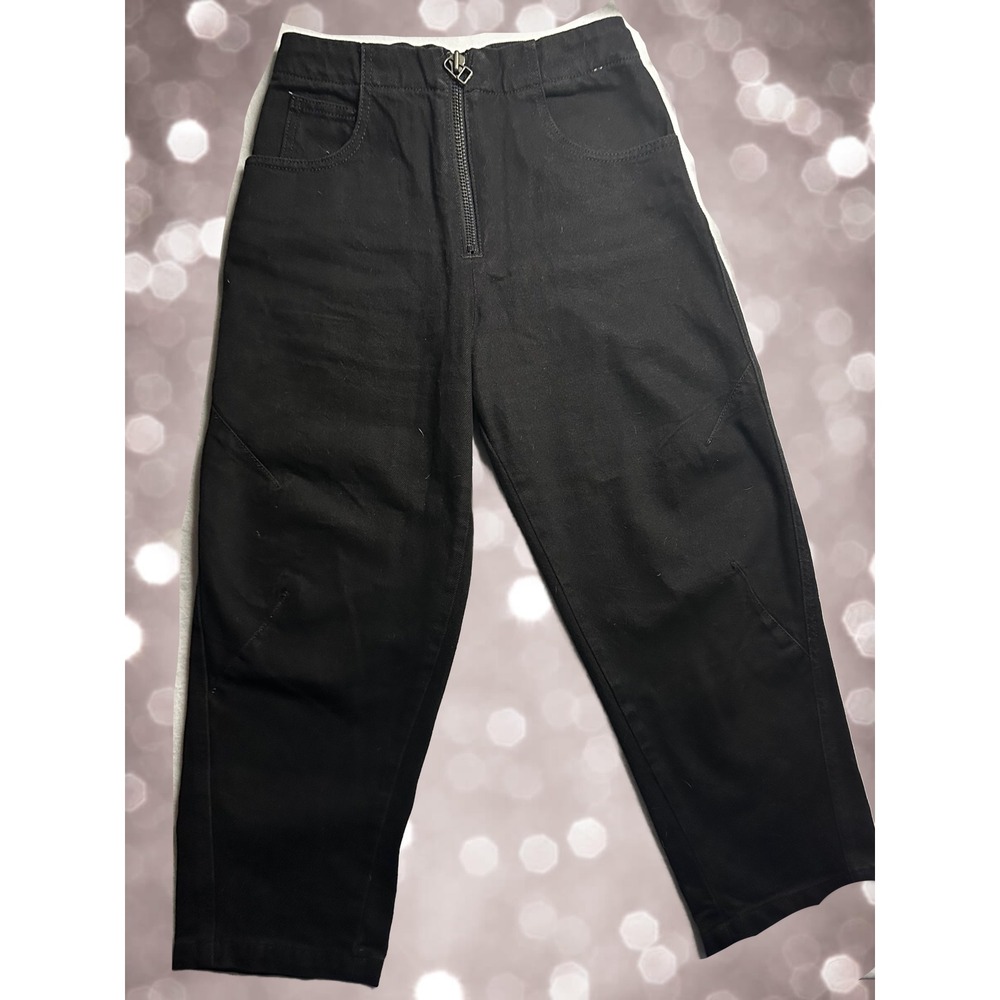 ZARA Black Denim Cropped Wide Leg Jeans Front Zip‎ Belted Waist